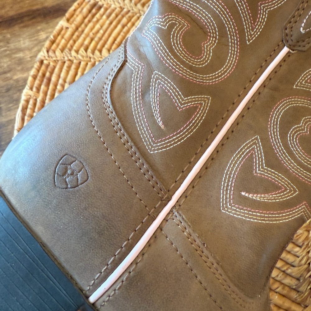 Ariat Tan Leather Boots with Pink & White Stitching - Picture 10 of 15
